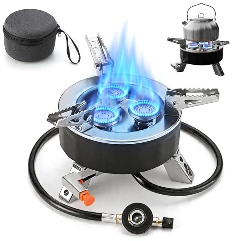 Hornillo de camping de 6800 W, a prueba de viento, de gas, con encendido piezoeléctrico y caja de transporte, horno de gas plegable con adaptador, hornillo de gas para camping, ultraligero, para pesca