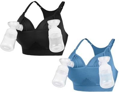 iloveSIA Hands Free Pumping Bras, Nursing Bra for Breastfeeding Sleeping, Yoga & Sports Bralette for Mom Recovery | Ultra Soft, Adjustable & Breathable| Fits Most Pumps Black+Blue Size 2XL