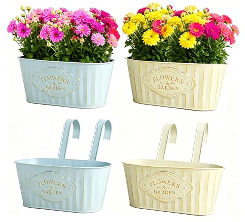 FARYODI 4 pezzi vasi da fiori pensili in metallo, 27,5 cm, vasi pensili per piante, secchi per fiori pensili, vaso da fiori pensile per ringhiera del balcone, recinzione, giardino