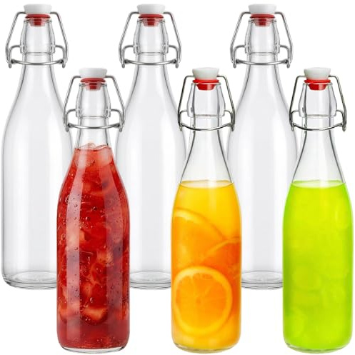 hunwutef Glasflaschen 500ml mit Bügelverschluss 6 Stück, Bügelflaschen zum Befüllen, Wiederverwendbare Glasflaschen für Saft, Wein, Likör, Öl & Essig