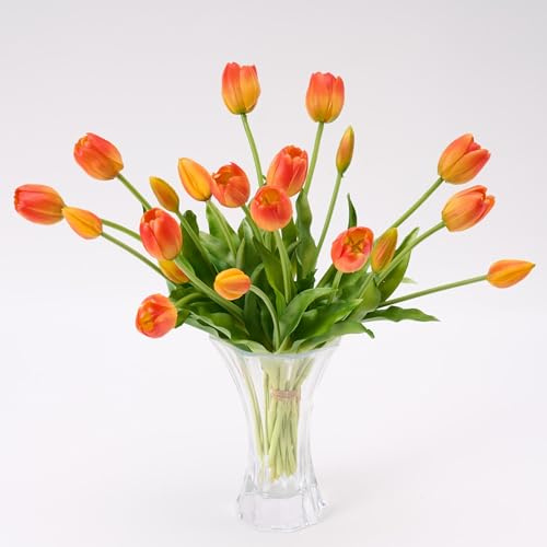 Avoeco 20 tulipanes artificiales de tacto real, ramo de flores de tulipán sintéticas realistas para jarrón, decoración elegante del hogar, bodas y centros de mesa (20, naranja)