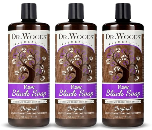 Dr. Woods Raw African Liquid Black Soap - Body Wash for Men and Women, Contains Organic Shea Butter, Gentle Exfoliant, Natural Cleanser for Face, Hands, and Body - 32 Fl Oz, Pack of 3