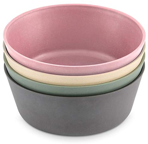 WeeSprout Bamboo Kids Bowls, Set of Four 10 oz Kid-Sized Dinnerware, Cereal, Leftovers & Snack Bowl, Dishwasher Safe (Pink, Green, Gray, & Beige)