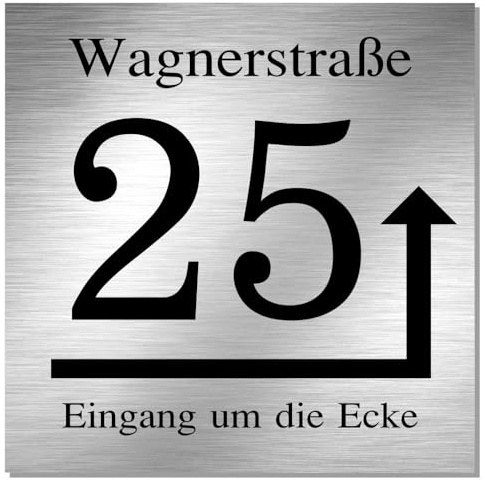 Edelstahl Hausnummernschild mit Pfeil * Modell 25 Eingang um die Ecke | moderne Hausnummer in zeitlosem Design, Namensschild, Hinweisschild mit Pfeil