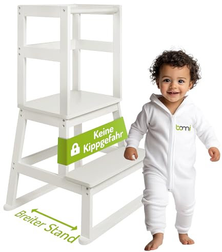 BOMI® Swubi Montessori Lernturm ab 1 Jahr | Sicherer Tritthocker Kinder 2 Stufen | Learning Tower für Kind & Baby aus Holz | Schemel, Lernstuhl als Stehhilfe, Tritthocker, Kinderhocker in Weiß