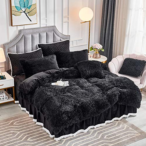 JAUXIO Faux Fur Fluffy Comforter Duvet Cover with Pillowcases Luxury Shaggy Bedding Set Ultra Soft Crystal Velvet Reverse (Black, King)
