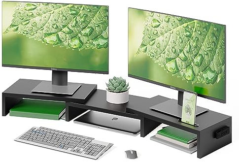 BONTEC Supporto doppio in legno con scanalatura, lunghezza e angolo regolabile per monitor portatile e schermo PC desktop