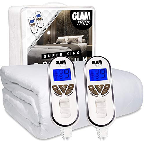 GlamHaus Superking Size Electric Blanket Dual Control, Fitted Heated Mattress Fitted Bed Under Cover With Elasticated Skirt, Premium White Diamond Quilted, Machine Washable (Superking)