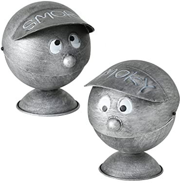 Seaside64 – Cenicero con tapa abatible, hierro gris, altura 16 cm, soporte para cigarrillos en forma de bola