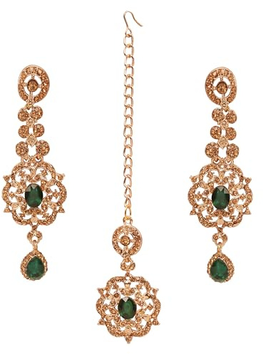 Touchstone indiano Bollywood tradizionale borchiato diamante look filigrana finto citrino smeraldo Designer gioielli lampadario orecchini Mangtika testa accessorio in tonalità oro antico per le donne.