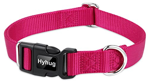 Hyhug Husdjursdesign enfärgad slitstark klassisk basic nylon hundhalsband med unik designjustering trolllide glidning (fågel), kan installera hundbricka (L, rosenröd)