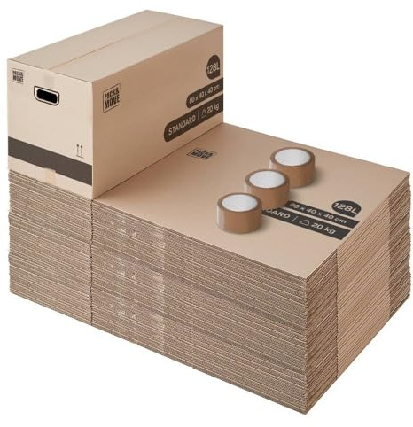 Pack and Move - Lot 60 cartons déménagement XL - 80 x 40 x 40 cm - Poignées renforcées - 3 adhésifs offerts