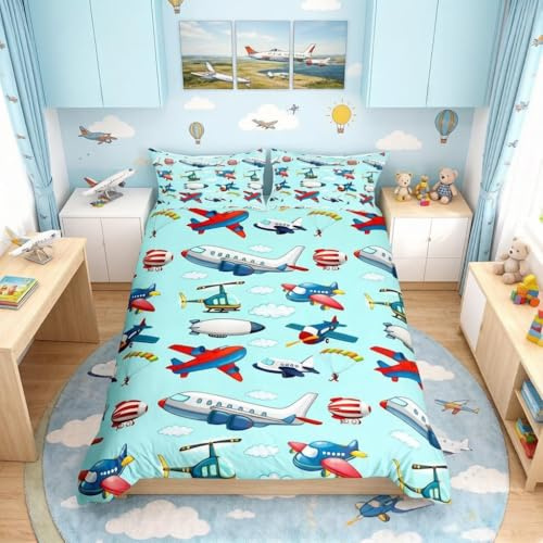 Kids Aircraft Duvet Cover Boys Cartoon Airplane Print Comforter Cover Helicopter Flying Plane Bedding Set Travel Decor Bedspread Cover Cute Colorful Planes Room Decor Single Bedclothes Zipper