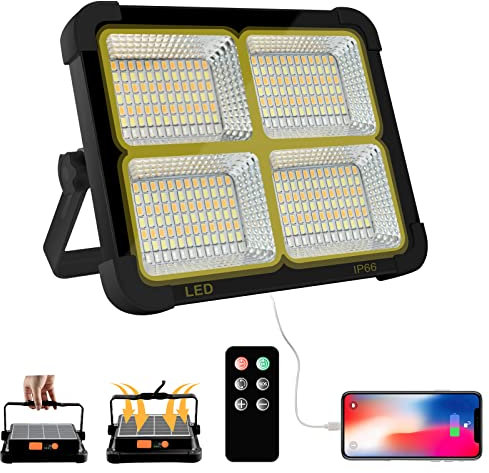 CosyEasy Projecteur LED Rechargeable 100W 10000LM, Lumière de Travail Lanterne Portable avec Panneau Solaire, 16500mAh USB Lampe Rechargeable, pour Camping, Chantier, Garage, Atelier