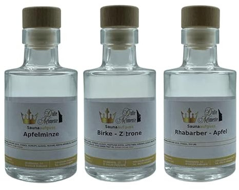 Dufte Momente | Saunaduft Konzentrat Apfelminze, Birke-Zitrone, Rhabarber-Apfel | 3 x 100ml in Glasflasche mit Korkmündung | naturreine ätherische Öle | vegan, ohne Tierversuche