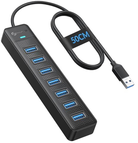PHIXERO Hub USB 7 Puertos Cable 50cm, Ladron USB 3.0 Alta Velocidad Multiplicador USB Conector Multiple USB Puerto USB Multiple para PC, Compatible con Todos Los Dispositivos con Puerto USB