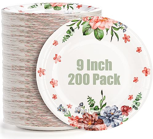 yarlung 200 Pack 9 Inch Disposable Paper Plates, Heavy Duty Dinner Paper Plates, Soak Proof Salad Plate for Breakfast Lunch, Thanksgiving Day, Christmas, Cut Resistant, Floral Printed