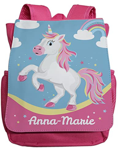 minimutz Kindergartenrucksack Mädchen mit Name | Personalisierter Rucksack Einhorn Regenbogenfarben für Kinder | Kleiner Freizeitrucksack Kinderrucksack Kita Kindergarten 2-5 Jahre (pink)