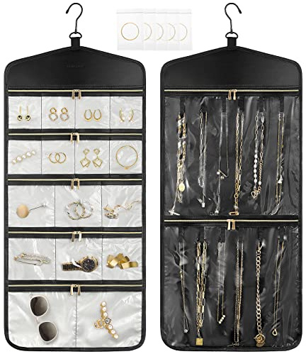 CHICECO Travel Jewelry Holder Organizer,Hanging Jewelry Organizer Storage With Zippered Pockets for Cloest,Wall,Door,Jewelry Holder for Earrings, Necklaces（Beige Black）