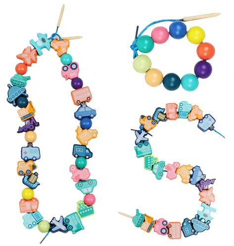 TRUEIN 32Pcs Montessori Holzspielzeug Fädelspiel, Holzperlen zum Auffädeln, Fädelspiel Pädagogisches Holz, Fahrzeugen Perlen Fädelspiel Spielzeug für Kinder Geschenke