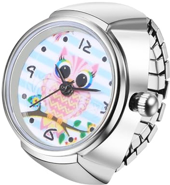 JewelryWe Anello da polso estensibile fantasia, orologio da dito da uomo in acciaio inossidabile elastico, analogico, al quarzo, impermeabile 1 atm, quadrante rotondo con gufo, regalo per uomo, Gufo