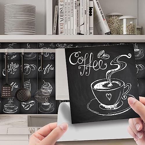 Hiseng 24 Pièces Stickers Muraux Autocollants pour Carrelage en Céramique et Marbre, Salle de Bains et Cuisine Stickers, Noir Cuisson Style Imperméables Auto-adhésifs (10x10cm,Café)