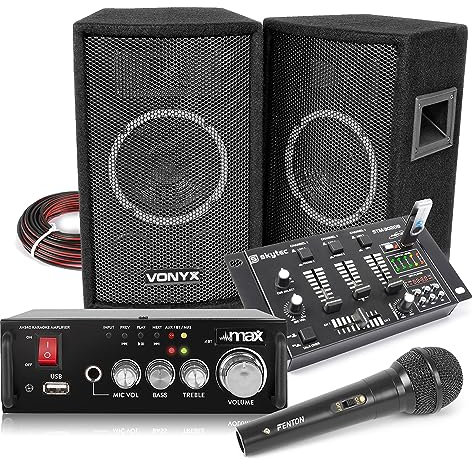 VONYX Bedroom DJ Speaker System SL6 with Bluetooth Amplifier, 6-Channel USB Mixer, Wired Microphone - Complete Home Karaoke and DJ PA Setup 250W