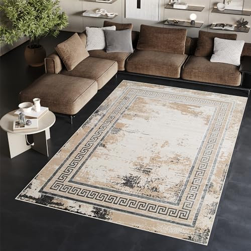 TAPISO Ares Teppich Kurzflor Glänzend Grau Beige Rahmen Verwischt Klassisch 3D Effekt Wohnzimmer Schlafzimmer ÖKO-TEX 140 x 200 cm