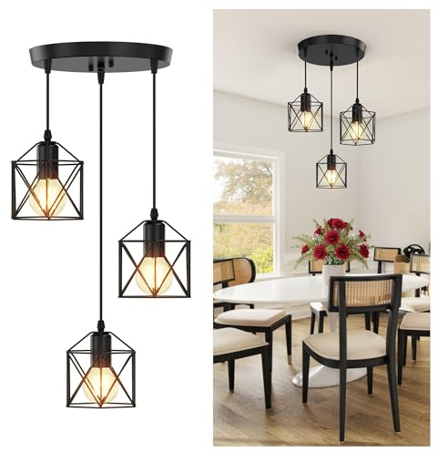 Phaosio 3 Light Pendant Lighting, Farmhouse Hanging Light Fixture for Kitchen Island & Dining Room, Industrial Vintage Ceiling Lamp with E26 Base, Adjustable Height, Matte Black