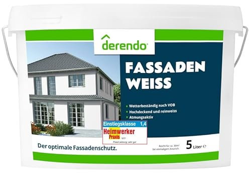 derendo Fassadenfarbe „Fassadenweiss“ 5 Liter Testsieger weiß matte Wandfarbe außen und innen atmungsaktive Dispersionsfarbe hohe Deckkraft für Neu- und Renovierungsanstriche