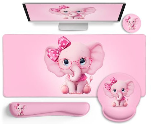 LIMKRIAN Elephant Mouse Pad Large Desk Mat Set, Kawaii Pink Desk Decor