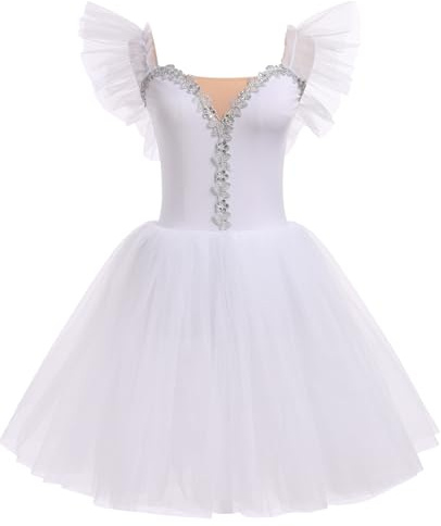 IBAKOM Balletttrikot für Damen, Schwanensee-Kostüm, Blumendruck, professionelle Ballerina, Tüll, Tutu, Tanzkleid, Weiße Rüschen, Groß