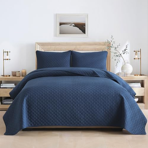 ENASAL Tagesdecken Bettuberwürf aus Baumwolle 240x260cm mit 2 Kissenbezüge für Doppelbett, 3 teilig Steppdecke Bettdecke weiche Ganzjahresdecke, Rautenmuster Blau, 250x270cm
