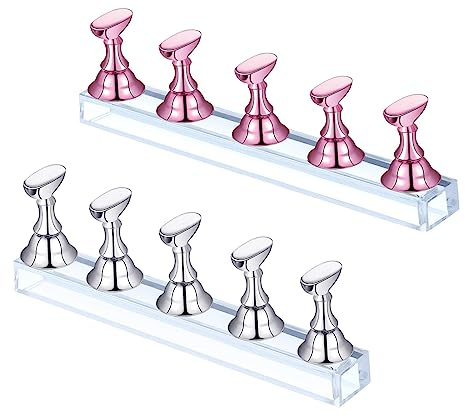 2 Sets Nail Stand Display - Magnetic Nail Tips Stand - Acrylic Nail Art Practice Stands - Acrylic Nail Display Stand,Nail Practice Holders,Nail Stands for Painting Nails for Homes&Salons (pink+silver)