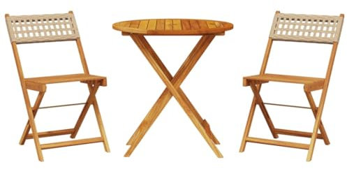 vidaXL Bistro Set 3-TLG., Balkonset mit Klappdesign, Sitzgruppe für Garten Terrasse Balkon, Gartenmöbel Gartengarnitur, Beige Poly Rattan Massivholz