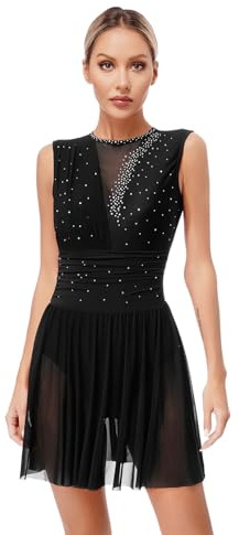 Sywiyi Damen Tanzkleid Ballettkleid Ärmellos mit Glitzern Eislaufkleid Trikotanzug Rückenfrei Lyrischen Dance Ballett Eislaufen Kostüm