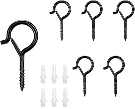 Minamzee 6 Pcs Q-Hook with Safety Buckle Metal Ceiling Hooks Screw in Hooks for Hang Plants Bird Cages Lamps Cups Kitchen Supplies (M5-2.2 inches 6Pcs)