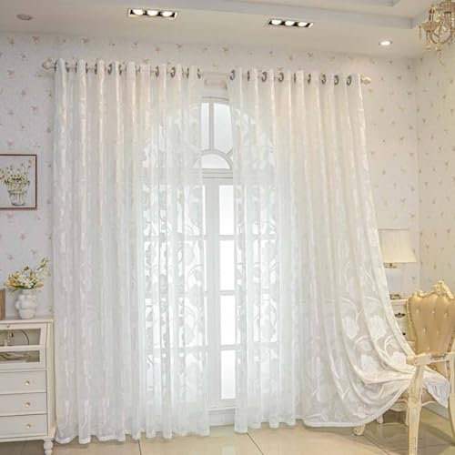 Beydodo Vorhänge Halbtransparent, Gardinenschals 2er Set Schlaufen 107x244CM Landhausstil Jacquard mit Blumen Muster Gardinen Polyester Weiß Lichtdurchlässig Schiebevorhänge Wohnzimmer Schlafzimmer