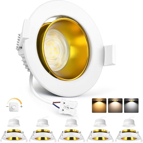 YindaLux Lot de 6 spots LED encastrables - 230 V - Intensité variable - 5 W - 3000 K/4000 K/6500 K - 75-80 mm - IP44 - En aluminium mat - Pour salle de bain, salon