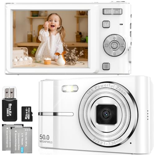 FAYIBUY Appareil Photo Numérique 50MP 1080P FHD Compact Caméra avec Mise au Point Automatique Digital Camera avec Zoom Numérique 16X Carte SD de 32 Go pour Étudiant Adulte Débutant Cadeau (Blanc)