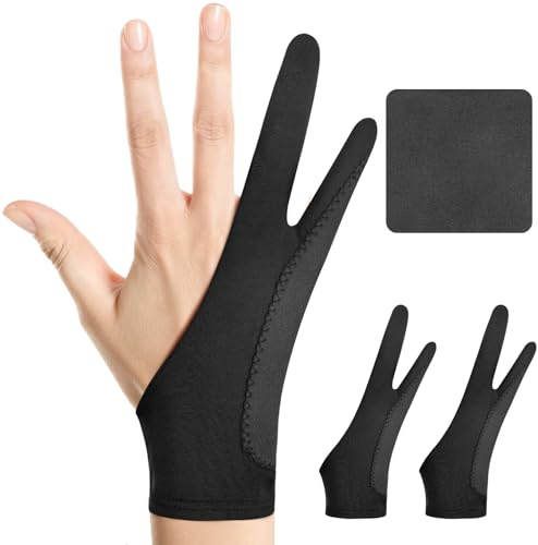 Digital Drawing Glove: 3-Layer Palm Rejection, Two-Finger Artist Glove for Drawing Tablet, iPad, Paper Sketching, Fits Left and Right Hand, Includes Cleaning Cloth (2-Pack, Medium, Black)