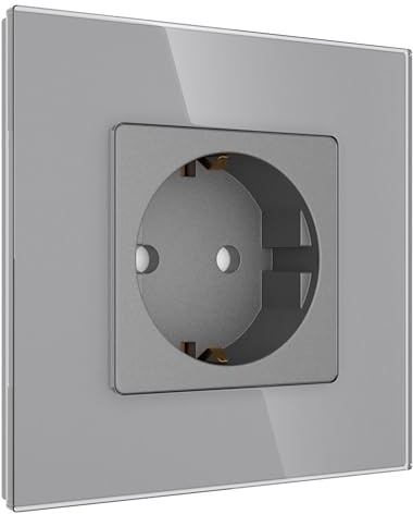 PULSAR Steckdose Unterputz Grau 230V Schuko Steckdose 1 Fach mit Rahmen aus Glas und Kindersicherung Einzelsteckdose Flach Geeignet für Badezimmer, Küche, Schlafzimmer uvm