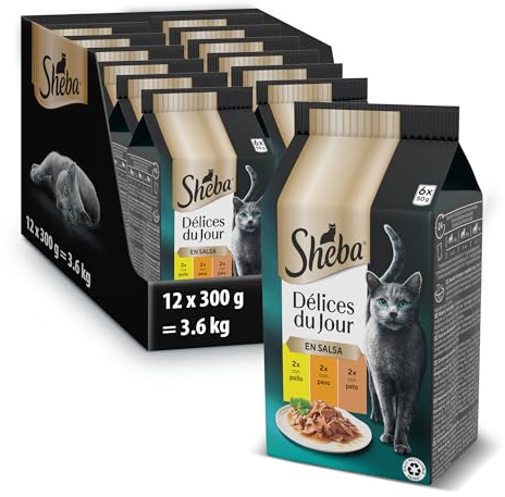 Sheba Délices du Jour Comida húmeda para Gatos, Sabor Ave en Salsa, Multipack (Pack de 12 x 6 bolsitas x 50g)