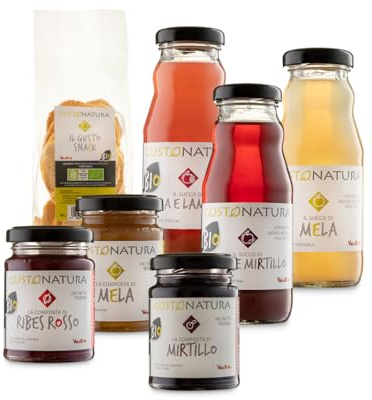 Coffret dégustation BIO 7 pièces – jus de fruits, confitures & pommes séchées – origine Italie – Gustonatura