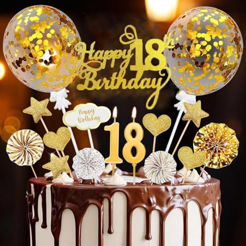 Happy Birthday Cake Topper 18th, 20 Pieces Cake Decoration Gold Decoration 18th Birthday,18th Cake Topper with Birthday Candles, for 18th Birthday Decoration Cake Decoration