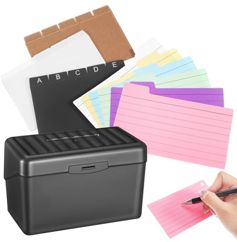 DIYEAH Index Card Organizer Box with Binder Rings and Double-Sided Colored Flashcards for Desktop Storage and Office Note-Taking