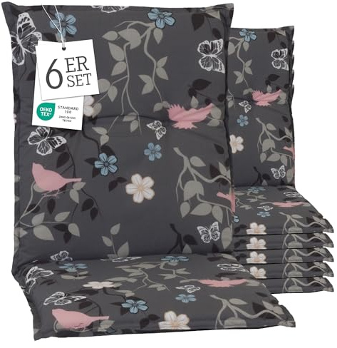 Beo® Barcelona Niedriglehner Gartenstuhlauflagen | 6er Set | Waschbar | Made in EU | Öko-Tex Standard | Atmungsaktiv | UV-beständig | Extra Dicke Sitzkissen Outdoor
