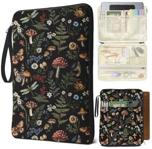 QRZIQRZ Butterfly Mushroom Book Sleeve Kindle Pouch, Boho Book Protector Case with Zipper, PU Leather Waterproof Book Cover Bag, Portable Book Pouch for Book Lovers Gifts Paperbacks Bibles Hardcover