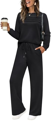 WIHOLL Womens 2 Piece Outfits Long Sleeve Crewneck Pullover Wide Leg Tracksuit Fall Loungewear Ladies Black Two Piece Lounge Sets Fashion S