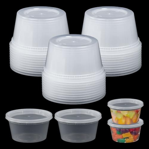 Kleemeiero 30 Pièces Boite Plastique Alimentaire avec Couvercle Reutilisable, 450ml récipients à emporter ronds en transparent Pot de Sauce en Transparent Boîte à Emporter